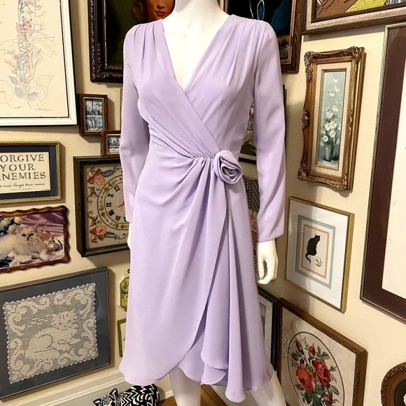 80s Vintage Joy Stevens Pastel Purple Georgette Gathered Waist Faux Wrap Dress - Picture 1 of 7